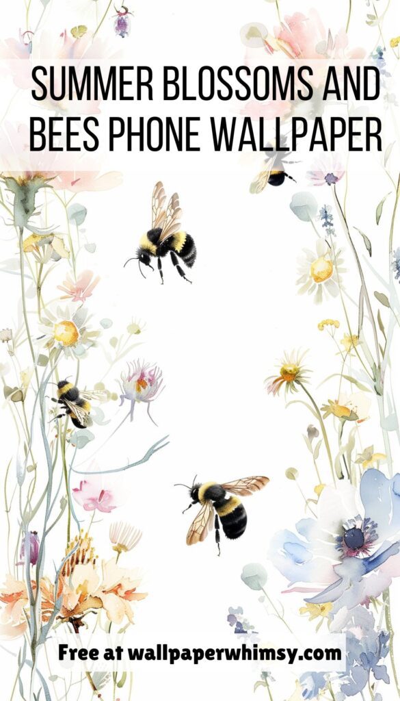 Summer Blossoms And Bees IPhone Wallpaper Graphic.