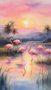 Sunset Flamingos iPhone Wallpaper featuring flamingos in a serene sunset setting.