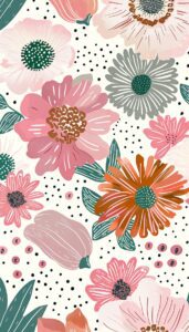 A vibrant floral pattern with various flowers in pink, orange, green, and gray tones on a white background, suitable for an iPhone wallpaper.