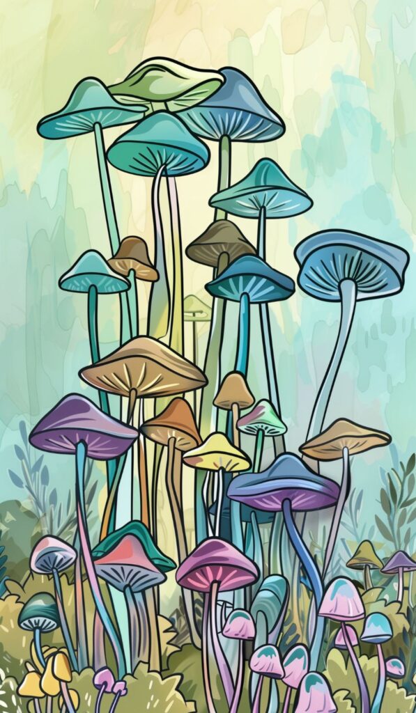 Whimsical Mushroom Wonderland iPhone Wallpaper with colorful mushrooms.