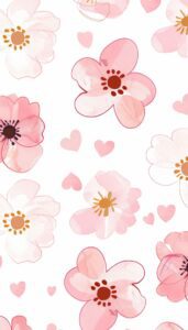 Pink flowers and hearts on a white background iPhone wallpaper.