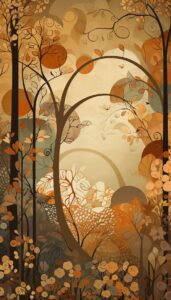 Abstract forest scene with swirling patterns and warm autumn colors.