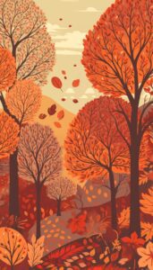 Stylized autumn forest scene with vibrant red and orange trees under a soft sunset sky, ideal for an iPhone background.