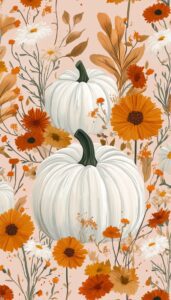 Artistic depiction of white pumpkins nestled among a mix of autumn flowers, creating a harmonious blend of fall colors against a pastel backdrop.