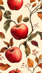 Illustration of ripe red apples with fall-colored leaves, showcasing the harvest season with vibrant autumn tones of orange and gold.