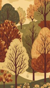 Artistic rendering of a gentle hillside with trees in autumn hues, showcasing a diverse palette from green to deep brown.