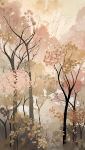 Pastel illustration of rolling hills and trees in autumn, featuring soft, muted colors and gentle gradients for a calming effect.