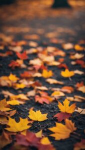 Close-up image of yellow, orange, and red autumn leaves scattered on a pathway, with a blurred background.