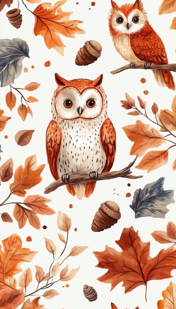 Illustration of two owls perched on branches surrounded by autumn leaves and acorns.