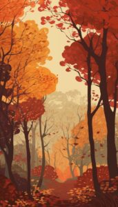 A scenic autumn pathway with trees in vibrant orange and red tones.