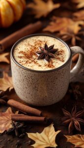 A cozy autumn spice latte in a rustic mug, topped with cinnamon and a star anise, surrounded by autumn leaves and spices.