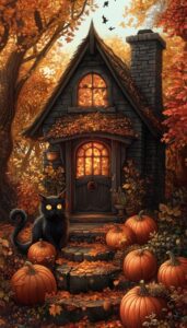 A cozy cottage with pumpkins and a black cat surrounded by autumn trees.