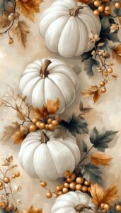 White pumpkins with golden leaves and berries in a soft autumn-themed pattern.