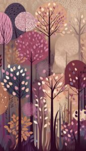 Illustration of an autumn forest with stylized trees in pink, purple, and brown tones, creating a magical, whimsical atmosphere.