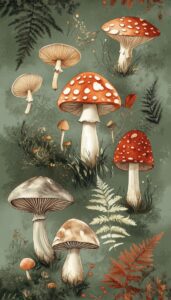 Artistic representation of a diverse collection of mushrooms in a forest setting, featuring bold red Amanitas and subtle brown fungi, complemented by delicate greenery and ferns.