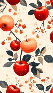 Pattern of red apples and autumn blossoms on a soft background.