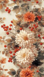 iPhone wallpaper showcasing an arrangement of autumn chrysanthemums in white and orange, with leaves and berries, set on a subtle textured background.