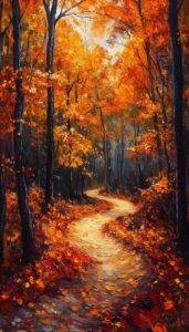 Winding path through a forest with vibrant orange and red autumn leaves.