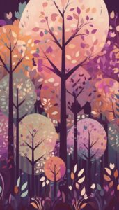 Dreamy forest with tall trees and colorful leaves in shades of purple, pink, and orange.