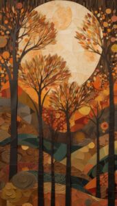 Tall trees with orange leaves in front of a large full moon in an autumn landscape.