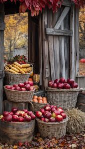 Baskets of apples, corn, and pumpkins in a rustic autumn setting.