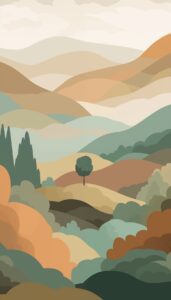 Rolling hills in soft autumn tones of green, orange, and beige.