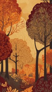 Autumn forest with trees in shades of orange, red, and brown.