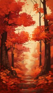 Serene forest path with trees covered in vibrant red autumn leaves and a misty background.