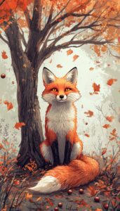 A fox sitting under a tree with autumn leaves falling around it.