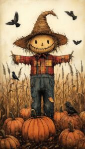 Scarecrow in a pumpkin patch with crows in a cornfield.