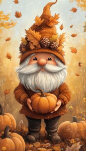 Gnome holding a pumpkin with autumn leaves falling around.