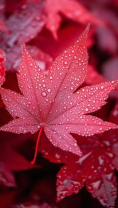 Close-up of a red maple leaf with dewdrops.