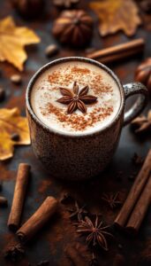 Autumn latte topped with star anise and cinnamon, surrounded by spices.