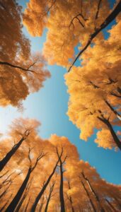 Canopy of golden autumn leaves against a bright blue sky.