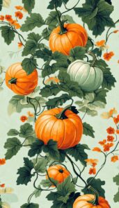 Pumpkins on green vines with orange blossoms.