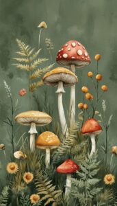 Colorful mushrooms with ferns and wildflowers on a green background.