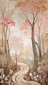 A gentle forest path surrounded by trees with soft pastel leaves in shades of pink and beige. This design brings a calm and soothing touch to your phone background.