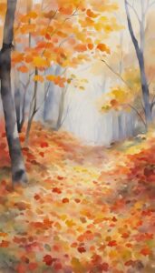 Misty forest path with fallen autumn leaves in warm colors.