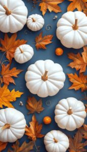 White pumpkins with orange autumn leaves on a deep blue background.