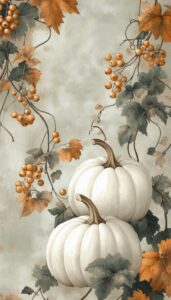 White pumpkins with autumn leaves and berries on vines.