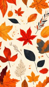 Colorful autumn leaves in red, orange, and dark blue scattered on a cream background.