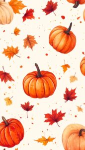 Pattern of pumpkins and autumn leaves on a cream background.