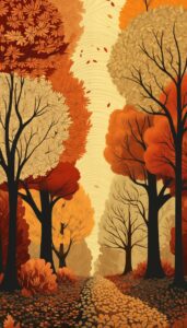 Illustration of a peaceful autumn pathway surrounded by tall trees with vibrant orange, gold, and red foliage, with fallen leaves covering the ground.