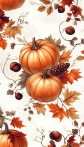 Pumpkins with autumn leaves and acorns on a light background, perfect for fall decor.