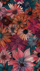 Maximalist floral pattern with a variety of colorful flowers in warm tones like red, orange, and pink, with green and blue accents, designed for iPhone wallpaper or phone lock screen.