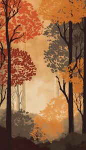 Illustration of a misty autumn morning with vibrant red, orange, and gray foliage in a forest setting. The muted background enhances the serene and mysterious atmosphere.