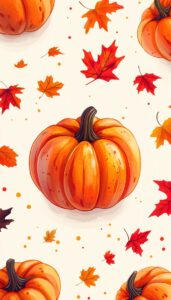 llustrated pumpkins and autumn leaves on a light background.