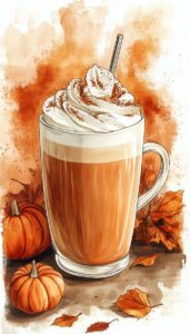 A digital illustration of a pumpkin latte with whipped cream and cinnamon, surrounded by small pumpkins and autumn leaves, ideal for a fall-themed iPhone wallpaper.