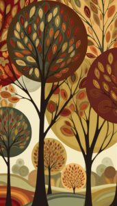 Retro-style illustration of trees with multicolored, leaf-like patterns, set against an autumn forest backdrop.