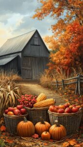 Baskets of harvest produce in front of a rustic barn surrounded by autumn trees and corn stalks.